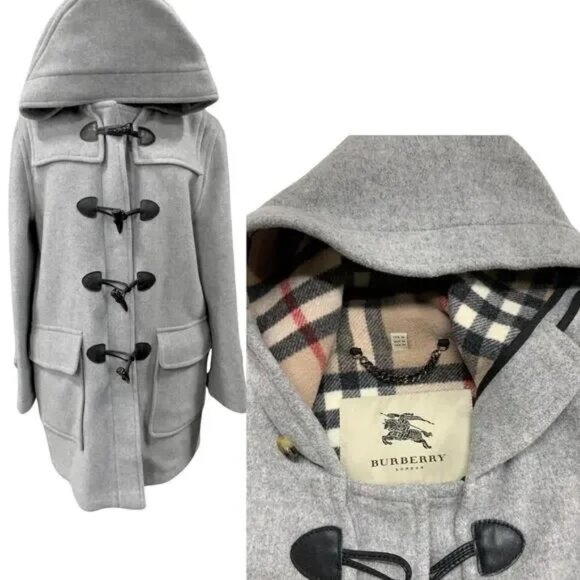 BURBERRY London Women's Gray Hooded Wool Duffle Coat Sz 14
